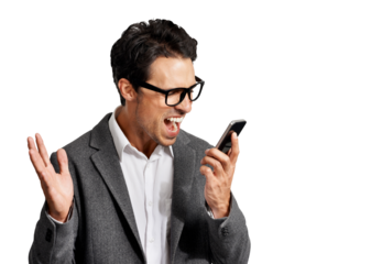 Business man, phone and shout or angry about communication or voice command. Corporate male person isolated on a transparent, png background with a smartphone and stress for bad deal or connection