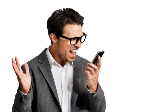 Business man, phone and shout or angry about communication or voice command. Corporate male person isolated on a transparent, png background with a smartphone and stress for bad deal or connection