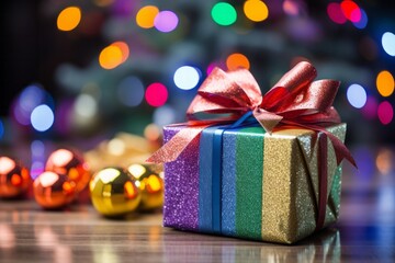 Photo of a vibrant gift box with a festive red bow on a beautifully decorated table created with Generative AI technology