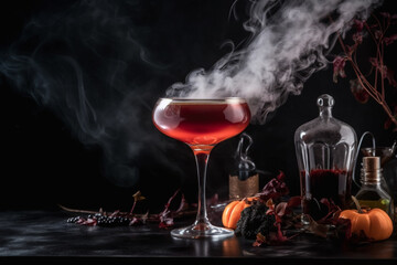 Red Halloween party cocktail with smoke on dark background