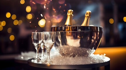 Elegant Toast: Image of a Champagne Bucket and Glasses in a Stylish Club