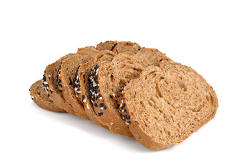 Sliced homemade brown bread isolated on white background