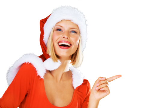 Pointing, Christmas and woman with a smile, portrait and celebration isolated on a transparent background. Face, female person and girl with gesture, discount announcement and santa hat with png - Powered by Adobe