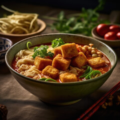 Fototapeta premium A bowl of curry mee with noodles 