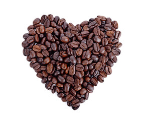 Heart shaped roasted coffee beans on white background