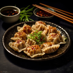 A plate of dumplings with steamed or boiled
