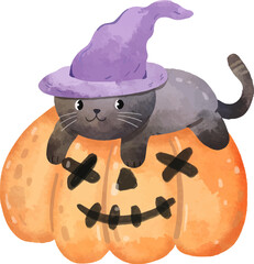 Black Cat and Halloween Pumpkin Watercolor Illustration