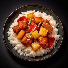  A dish of sweet and sour chicken
