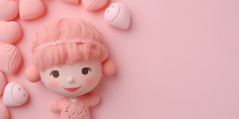 Cute stuffed doll standing on Pink background, love, valentine and lifestyle concept, playful with copy space, heart background 