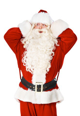 Wow, Christmas and surprise with a Santa Claus man isolated on a transparent background. Winter, holiday and mind blown with shocked person in red costume clothes on a PNG for a discount sales deal