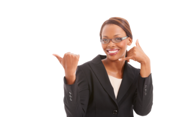 Happy black woman, portrait and call me in business for consultation or contact us isolated on a transparent PNG background. African female person employee and hand gesture for calling or advertising