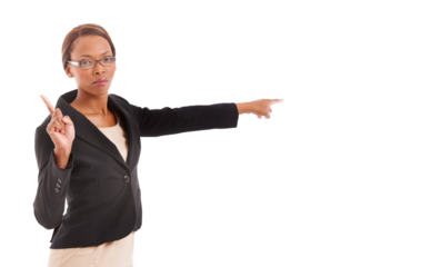Hand, pointing and portrait of teacher with discipline, stern warning or presentation on transparent, isolated or png background. Stop, direction and angry black woman with serious punishment