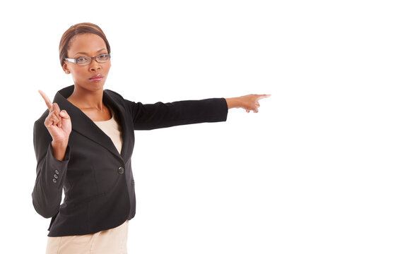 Hand, pointing and portrait of teacher with discipline, stern warning or presentation on transparent, isolated or png background. Stop, direction and angry black woman with serious punishment