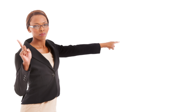 Hand, pointing and portrait of teacher with discipline, stern warning or presentation on transparent, isolated or png background. Stop, direction and angry black woman with serious punishment