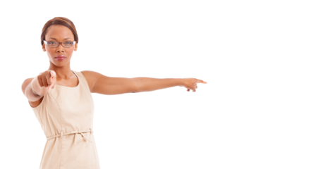 Hand, pointing to you and portrait of angry, teacher with strict, warning or discipline on transparent, isolated or png background. Dismissal, direction and black woman with punishment in class