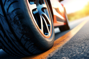 Close-up of tire of car driving on asphalt road,