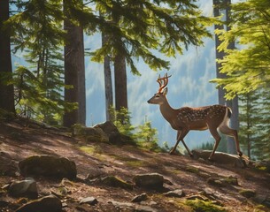 deer in the midst of forests and mountains