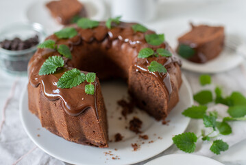 Chocolate Bundt Cake and a slice on a plate