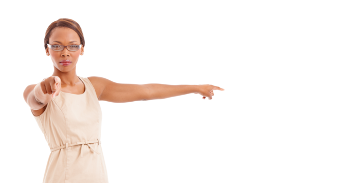 Hand, pointing to you and portrait of angry, teacher with strict, warning or discipline on transparent, isolated or png background. Dismissal, direction and black woman with punishment in class