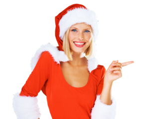 Portrait, marketing and a woman Santa Claus pointing isolated on a transparent background for festive promotion. Smile, happy and Christmas is coming soon with a young female in costume on PNG
