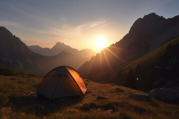 Experience the magic of a sunset amidst the mountains with this eco-friendly tent in the wilderness is AI Generative.