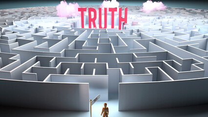 A vulnerable person in front of a big obstacle and a challenge to find a path to Truth. A struggle of going through a maze of difficulties and problems.,3d illustration