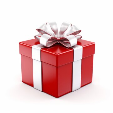 Red gift box with white ribbon isolated on white background. Generative AI image