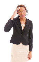 Call center, thinking and black woman consultant worried with stress isolated in a transparent or...