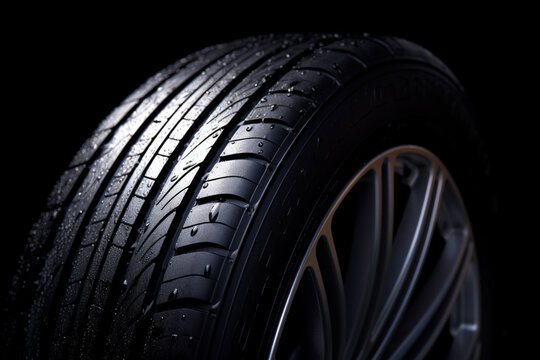 Close-up of wet vehicle tyre against black background with copy space