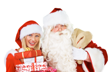 Christmas present, holiday and Santa Claus with helper isolated on a transparent background. Celebration, festive and portrait of a happy man and woman in a red costume on PNG with gift for event