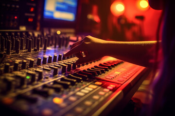 Close-up of woman's hand adjusting buttons on audio mixer in recording studio, neon lights - obrazy, fototapety, plakaty