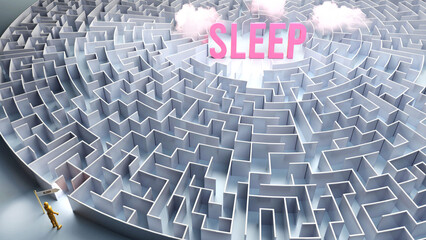 A journey to find Sleep - going through a confusing maze of obstacles and difficulties to finally reach sleep. A long and challenging path,3d illustration