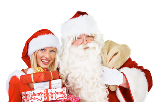 Christmas present, holiday and Santa Claus with helper isolated on a transparent background. Celebration, festive and portrait of a happy man and woman in a red costume on PNG with gift for event