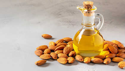 Banner Almond vegetable oil in a flask with almond nuts around. The concept of healthy eating. Copy...