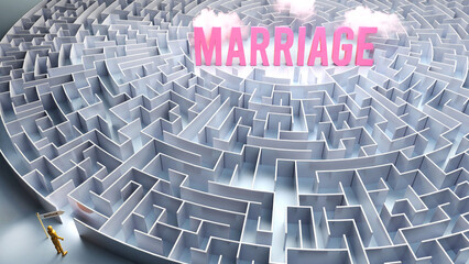 A journey to find Marriage - going through a confusing maze of obstacles and difficulties to finally reach marriage. A long and challenging path,3d illustration