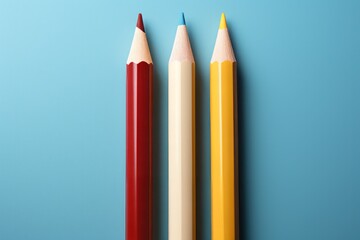 Top view, three graphite pencils on a pastel blue background, crayon as school supplies