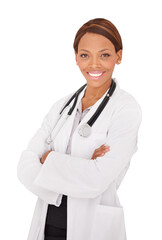 Fototapeta premium Happy black woman, portrait and doctor with arms crossed isolated on a transparent PNG background. African female person, medical or healthcare professional smile in cardiology job or career ambition