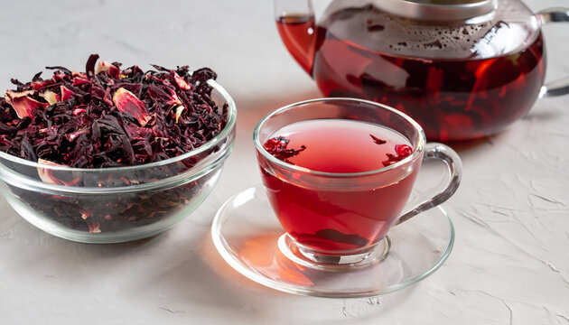 Herbal tea made from hibiscus petals in a transparent cup on a light background, teapot and a bowl of dry hibiscus.