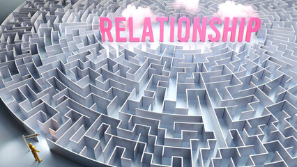 A journey to find Relationship - going through a confusing maze of obstacles and difficulties to finally reach relationship. A long and challenging path,3d illustration