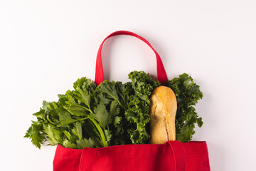 Red canvas bag with baguette and green salad vegetables and copy space on white background