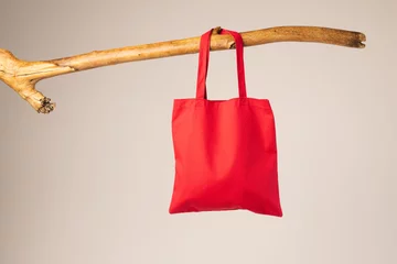 Tuinposter Red canvas bag hanging from wooden branch with copy space on white background © vectorfusionart