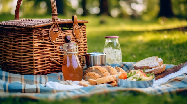 Picnic time with food fruit wine on beautiful grass at countryside 