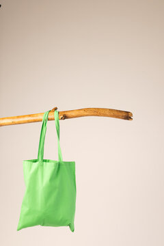 Fototapeta Green canvas bag hanging from wooden branch with copy space on white background