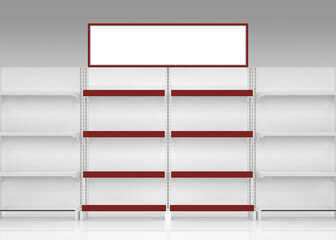 Super market display shelf gondola with header 3d illustration © Mahnoor
