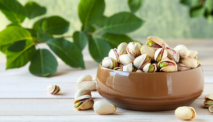 Pistachios in a bowl on a light wooden table with green leaves in the background. Healthy snacks. Nuts. Copy space.