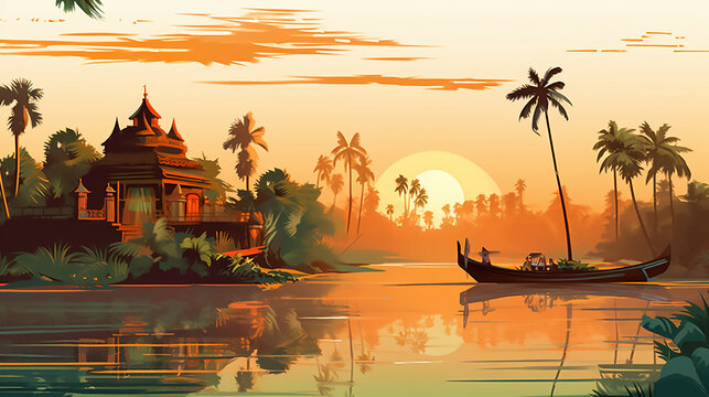 Illustration of Hindu temple in a Indian village between palm trees, AI generated image	