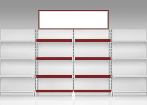 Super market display shelf gondola with header 3d illustration