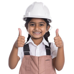 front view close up of a indian girl model dressed in Engineer costume with thumbs up isolated on a transparent white background