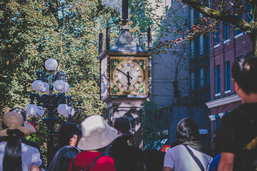 clock, steam clock, tree, city, tourists, building, flower, ocean, water, ship, wave, birds, peacock.