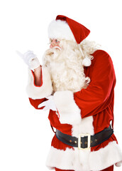 Father Christmas, pointing and man with presentation, sale and costume isolated on a transparent background. Male person, model and Santa Clause with gesture, promotion and png with announcement